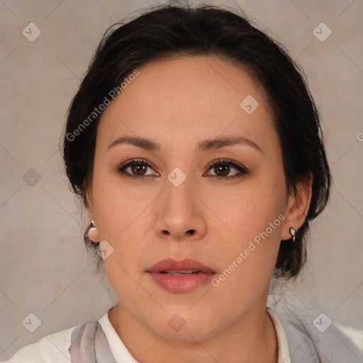 Neutral asian young-adult female with medium  brown hair and brown eyes