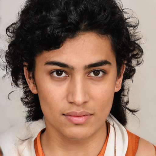 Neutral latino young-adult female with medium  brown hair and brown eyes