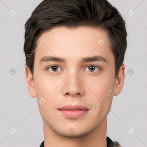 Neutral white young-adult male with short  brown hair and brown eyes