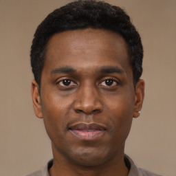 Neutral black young-adult male with short  black hair and brown eyes