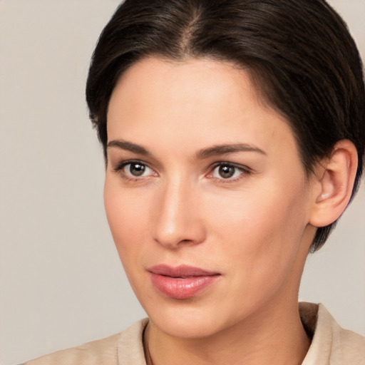 Neutral white young-adult female with medium  brown hair and brown eyes