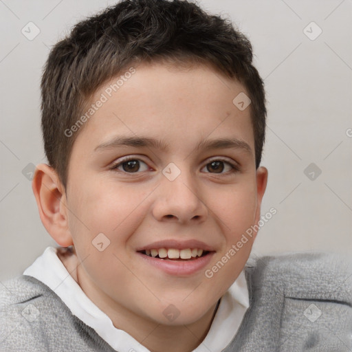 Joyful white child male with short  brown hair and brown eyes