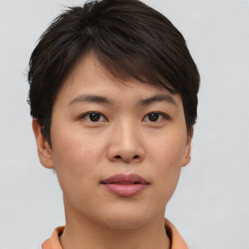 Neutral asian young-adult female with short  brown hair and brown eyes