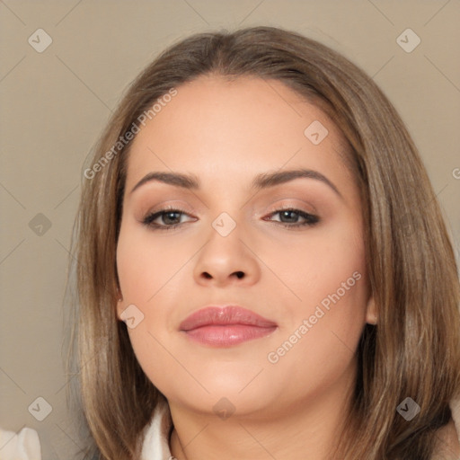 Neutral white young-adult female with long  brown hair and brown eyes