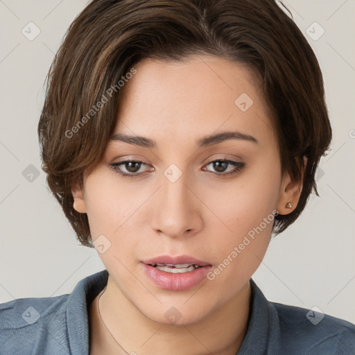 Neutral white young-adult female with medium  brown hair and brown eyes