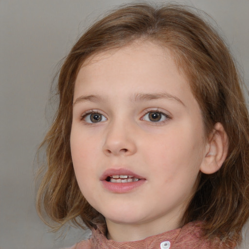 Neutral white child female with medium  brown hair and blue eyes