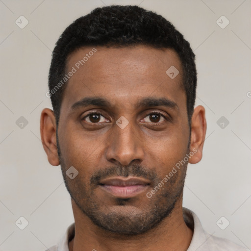 Neutral black young-adult male with short  black hair and brown eyes