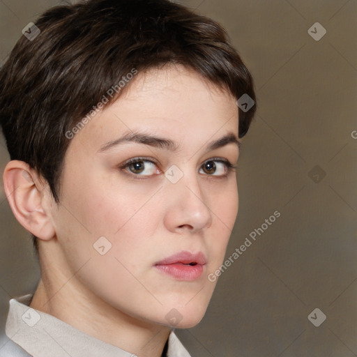 Neutral white young-adult female with short  brown hair and brown eyes