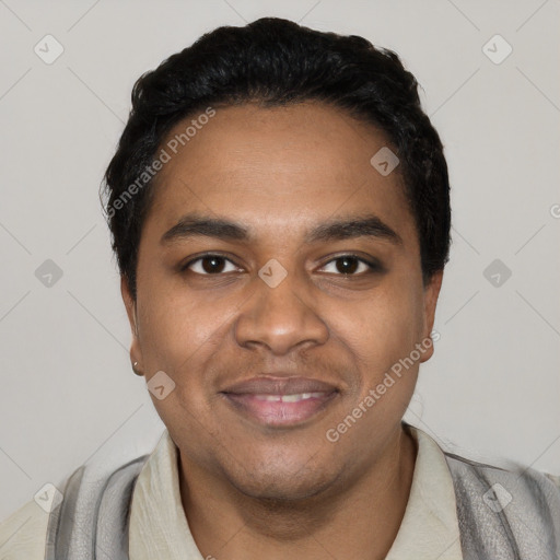 Joyful black young-adult male with short  black hair and brown eyes