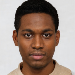 Neutral black young-adult male with short  black hair and brown eyes