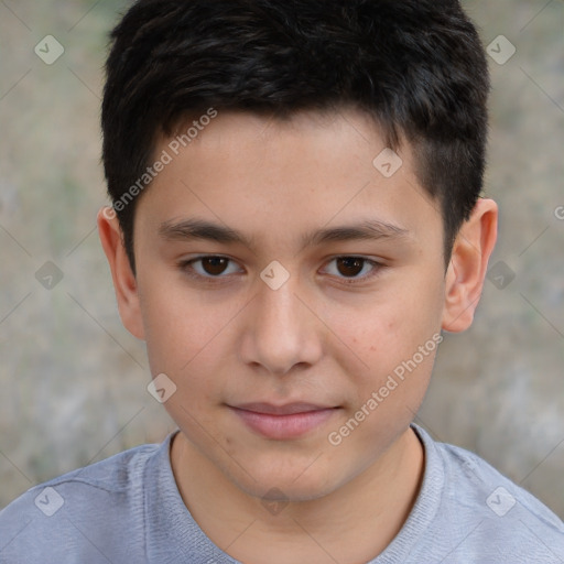 Joyful white child male with short  brown hair and brown eyes