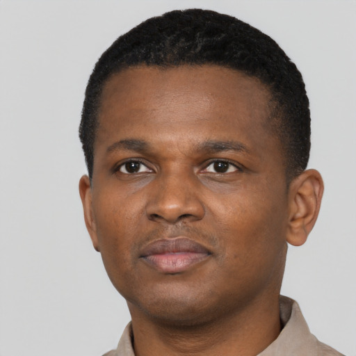 Neutral black young-adult male with short  black hair and brown eyes