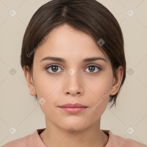 Neutral white young-adult female with short  brown hair and brown eyes