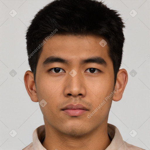 Neutral asian young-adult male with short  black hair and brown eyes