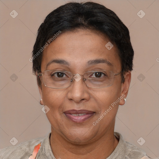 Joyful latino adult female with short  brown hair and brown eyes