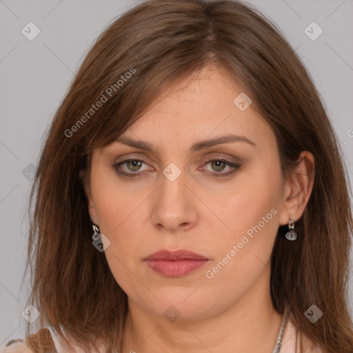 Neutral white young-adult female with medium  brown hair and brown eyes