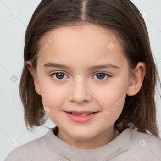 Joyful white child female with medium  brown hair and brown eyes