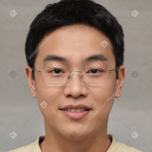 Joyful latino young-adult male with short  brown hair and brown eyes