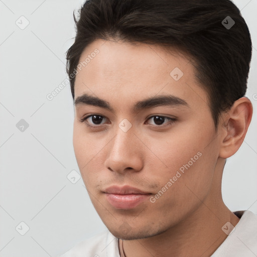 Neutral white young-adult male with short  brown hair and brown eyes