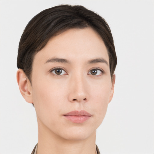 Neutral asian young-adult female with short  black hair and brown eyes