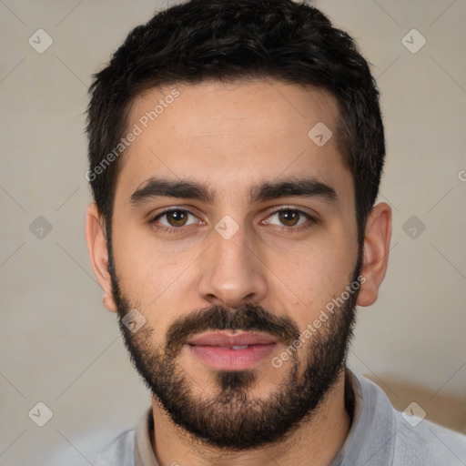 Neutral white young-adult male with short  black hair and brown eyes