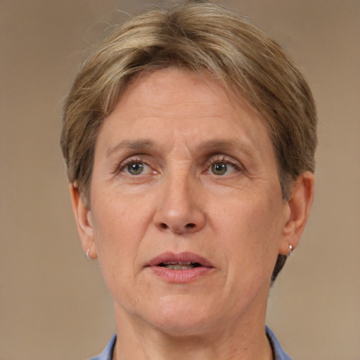 Neutral white middle-aged female with short  brown hair and brown eyes