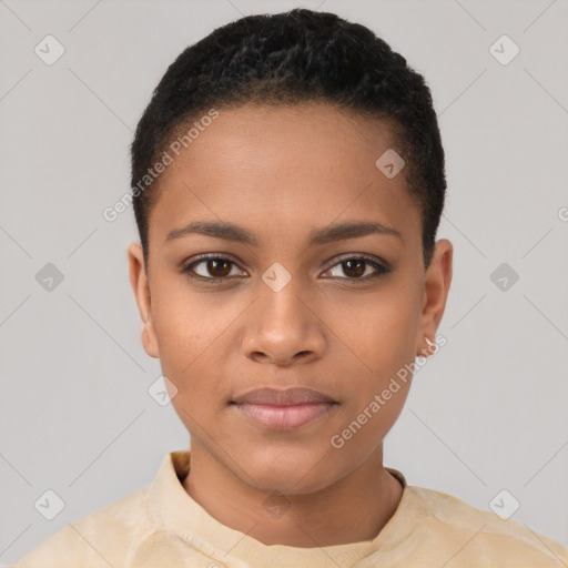 Neutral black young-adult female with short  brown hair and brown eyes