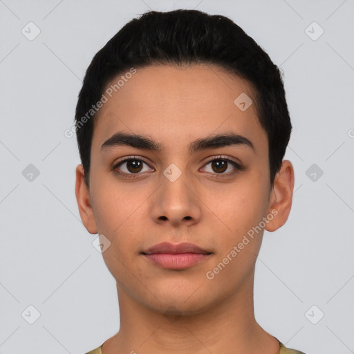 Neutral latino young-adult male with short  black hair and brown eyes