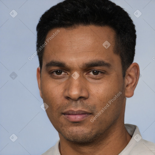 Neutral white young-adult male with short  black hair and brown eyes