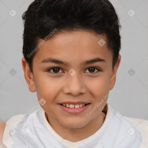 Joyful white child male with short  brown hair and brown eyes