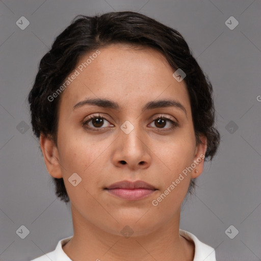 Neutral white young-adult female with short  brown hair and brown eyes