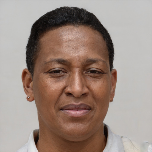 Joyful latino adult female with short  brown hair and brown eyes