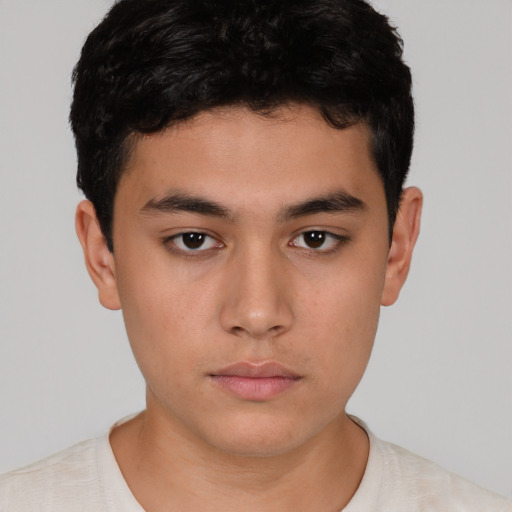 Neutral white young-adult male with short  black hair and brown eyes