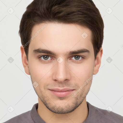 Neutral white young-adult male with short  brown hair and brown eyes