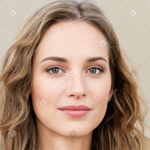 Joyful white young-adult female with long  brown hair and green eyes