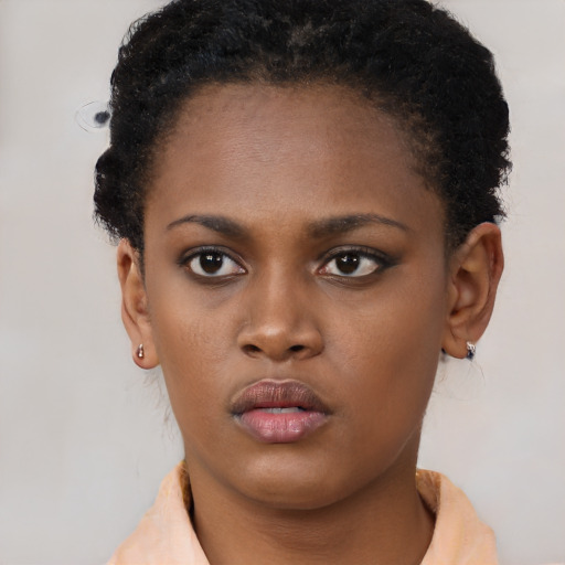 Neutral black young-adult female with short  brown hair and brown eyes