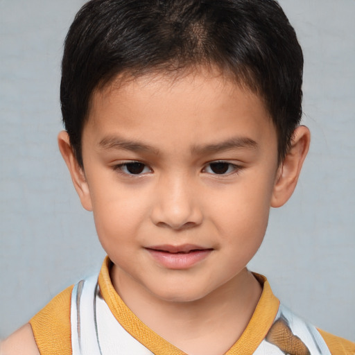 Joyful white child male with short  brown hair and brown eyes