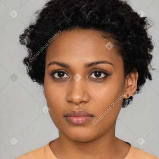 Neutral black young-adult female with short  black hair and brown eyes