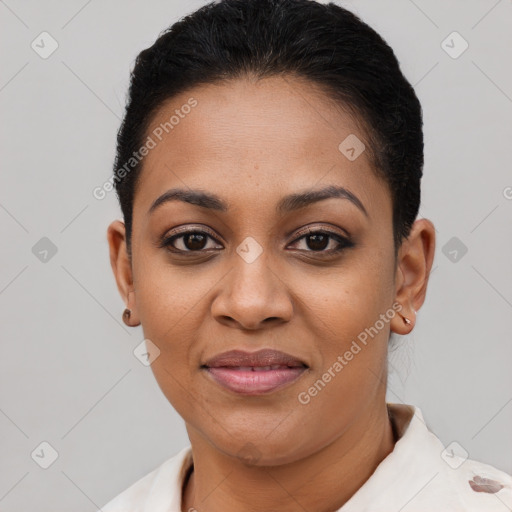 Joyful latino young-adult female with short  black hair and brown eyes