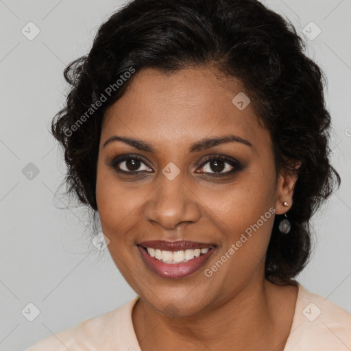 Joyful black young-adult female with long  brown hair and brown eyes