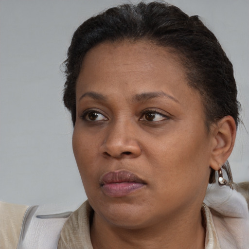 Neutral black young-adult female with short  brown hair and brown eyes