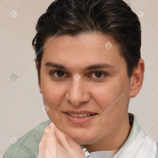 Joyful white young-adult female with short  brown hair and brown eyes