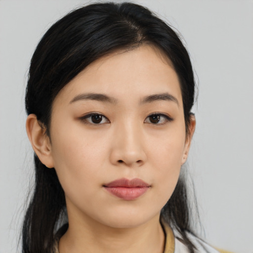 Neutral asian young-adult female with medium  black hair and brown eyes