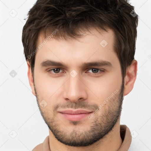 Neutral white young-adult male with short  brown hair and brown eyes