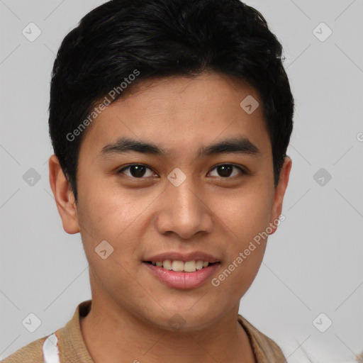 Joyful latino young-adult male with short  black hair and brown eyes