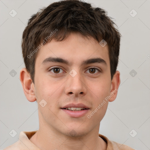 Neutral white young-adult male with short  brown hair and brown eyes