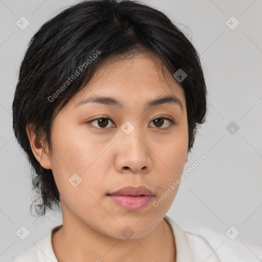 Neutral asian young-adult female with medium  brown hair and brown eyes