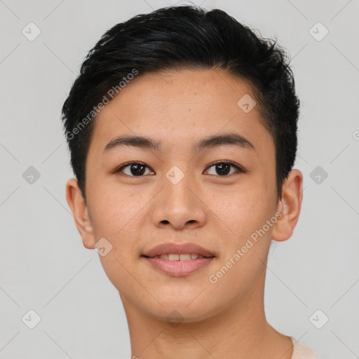 Neutral asian young-adult female with short  brown hair and brown eyes