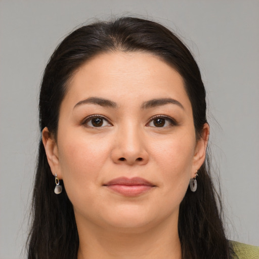 Neutral asian young-adult female with long  brown hair and brown eyes