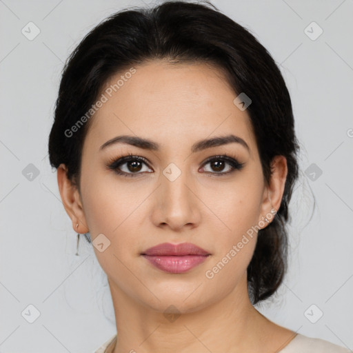 Joyful latino young-adult female with medium  black hair and brown eyes